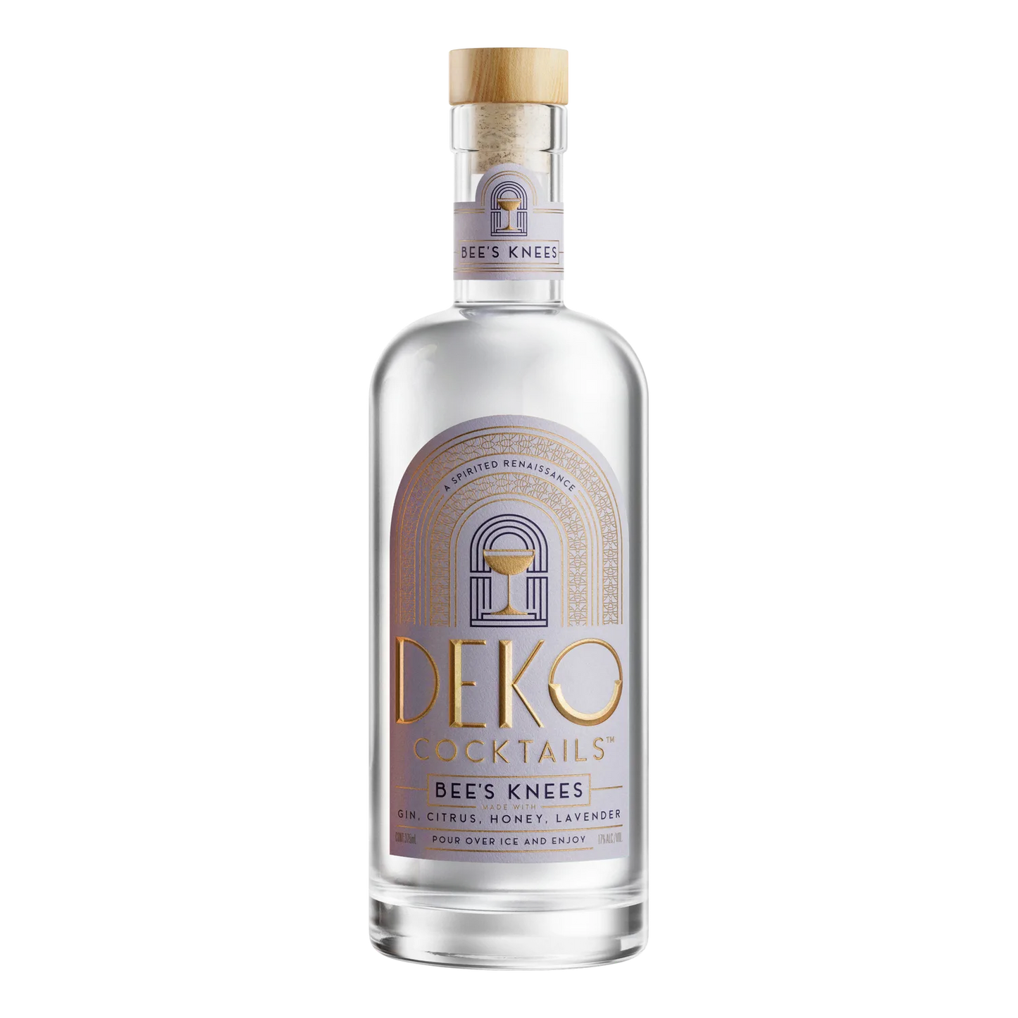 Deko Cocktails Bee's Knees gin cocktail in a 375ml glass bottle with cork stopper and art deco lavender label.