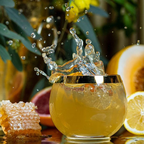 Golden vodka cocktail mid-splash beside honeycomb, lemon, and grapefruit halves.