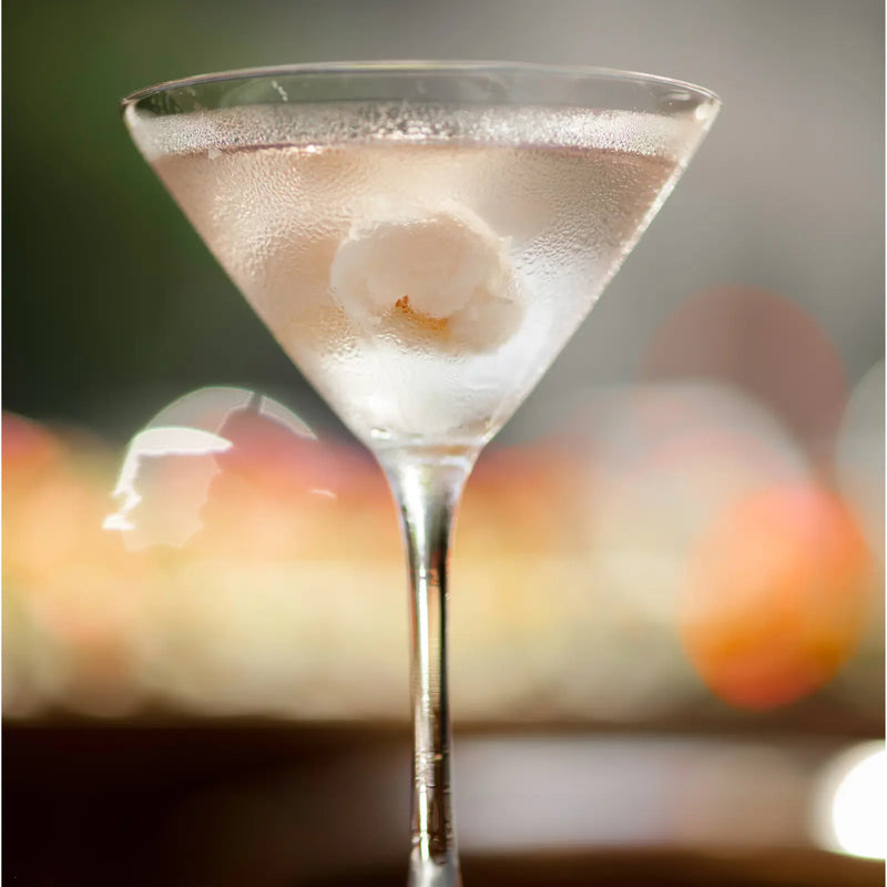 Chilled lychee martini in a frosted glass, a whole lychee garnish resting inside.