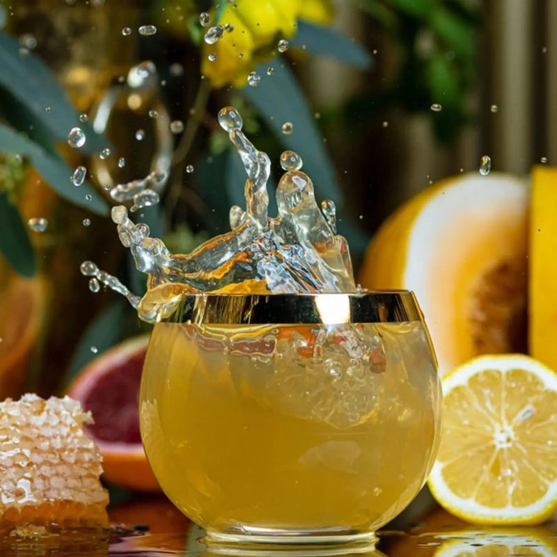 Gold-rimmed glass of honey citrus cocktail splashing, with lemon, grapefruit, and honeycomb nearby.