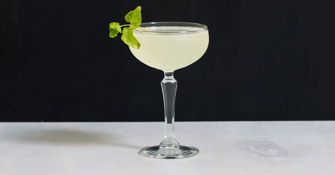 Southside drink recipe featuring a chilled coupe glass filled with a pale green cocktail, garnished with fresh mint.