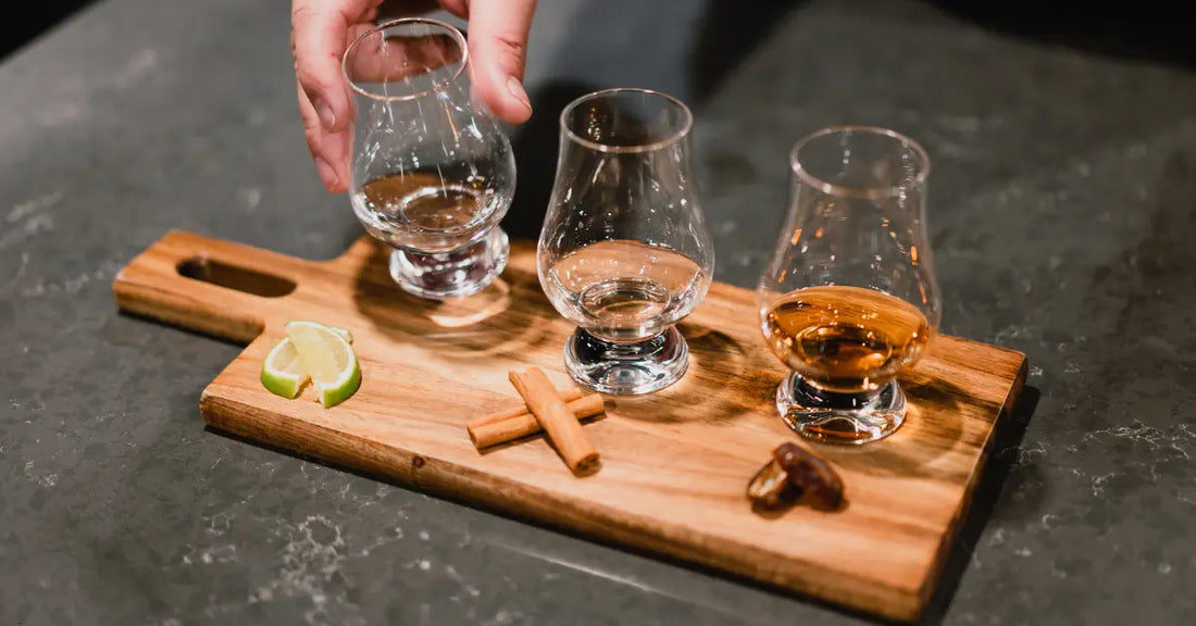 Tequila-mixed drink tasting with three glasses of tequila on a wooden board, accompanied by lime wedges and cinnamon sticks