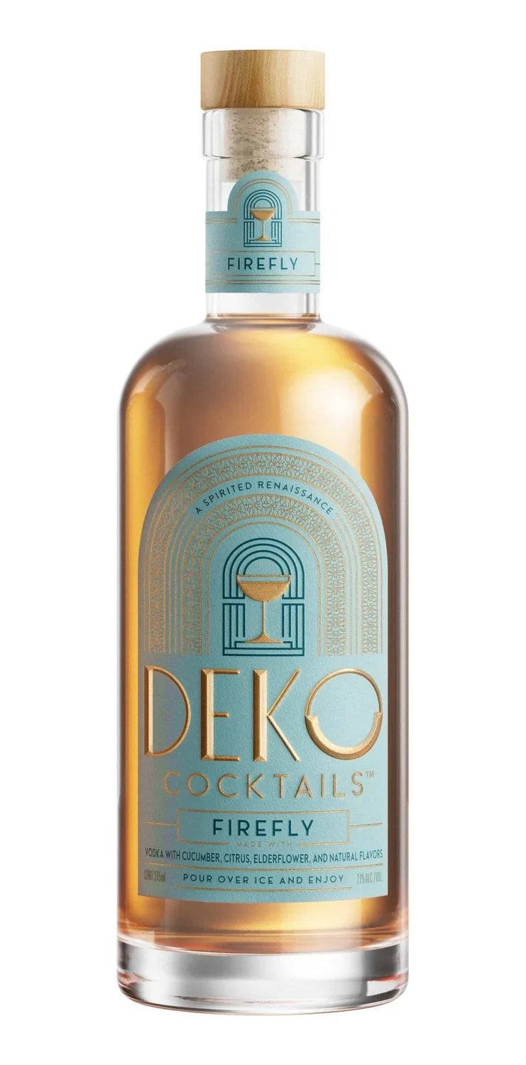 Deko Cocktails Firefly bottled vodka cocktail with cucumber and elderflower, wood cork top.