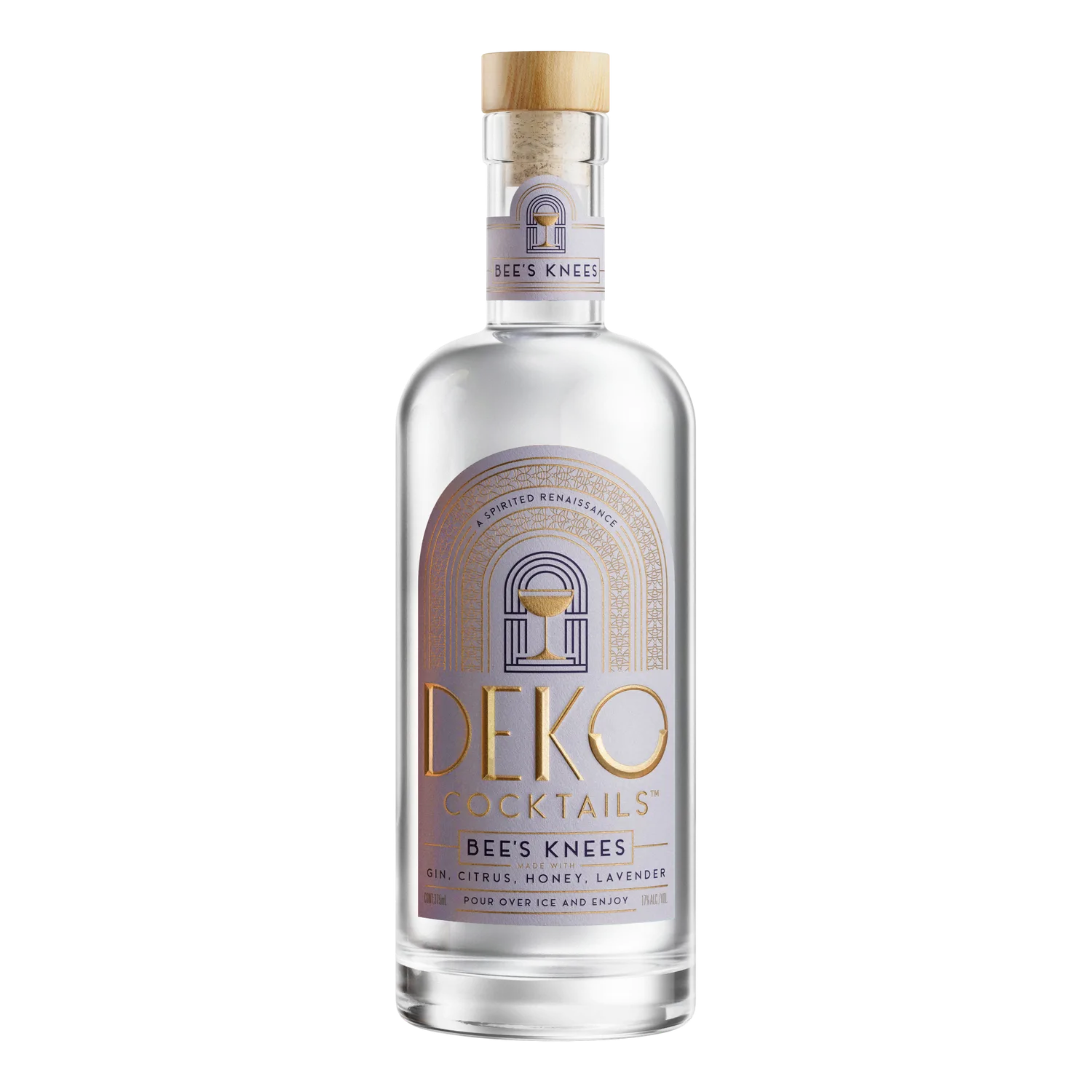 Deko Cocktails Bee's Knees gin cocktail in a 375ml glass bottle with cork stopper and art deco lavender label.