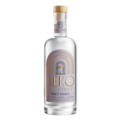 Deko Cocktails Bee's Knees gin cocktail in a 375ml glass bottle with cork stopper and art deco lavender label.