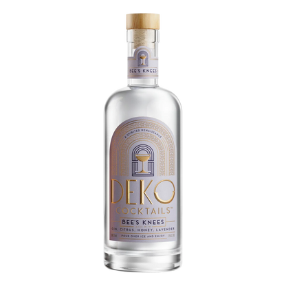 Deko Cocktails Bee's Knees gin cocktail in a 375ml glass bottle with cork stopper and art deco lavender label.