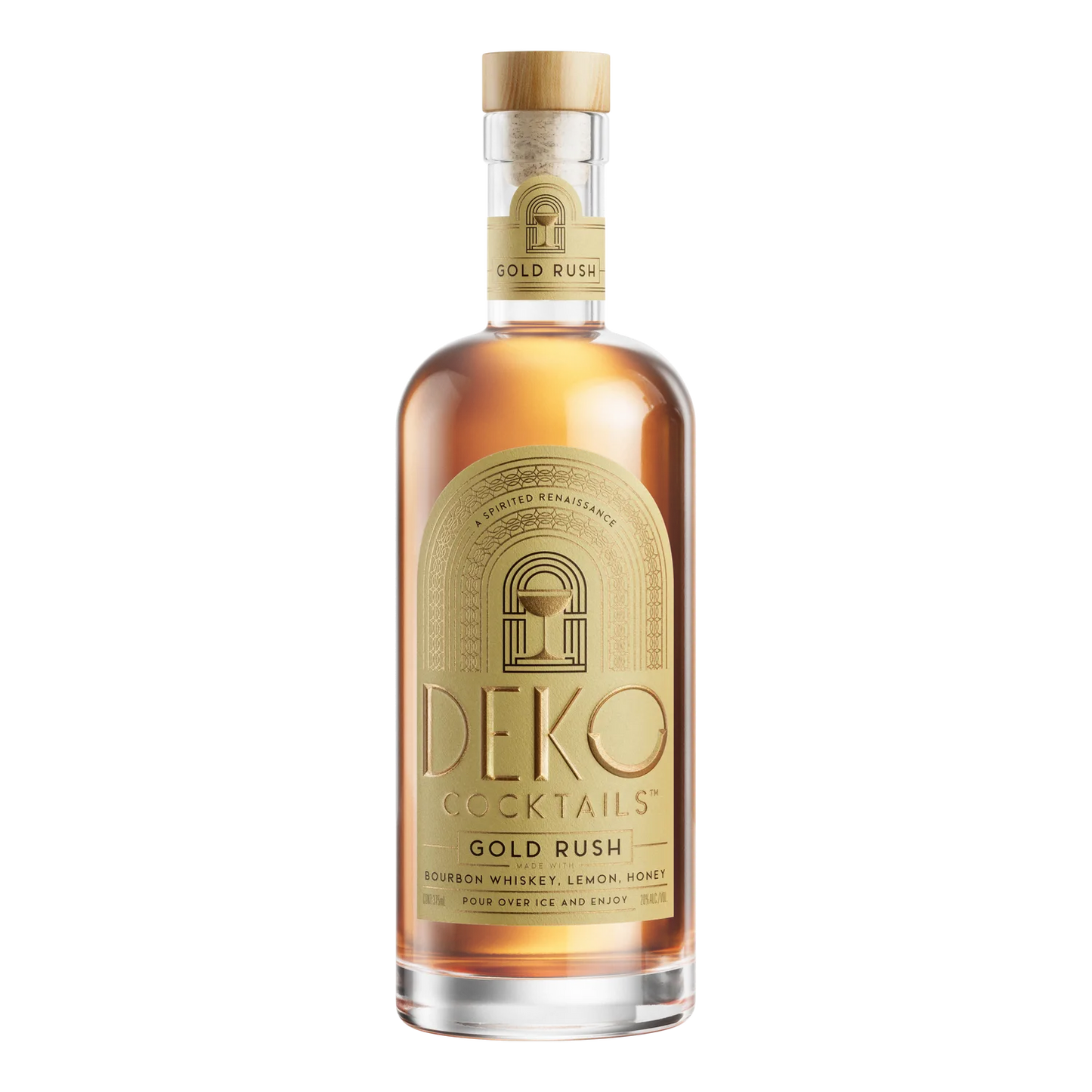 Deko Cocktails Gold Rush bottle with gold art deco label and wood cork, featuring bourbon, lemon, and honey.