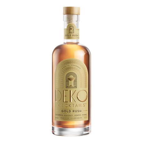 Deko Cocktails Gold Rush bottle with gold art deco label and wood cork, featuring bourbon, lemon, and honey.