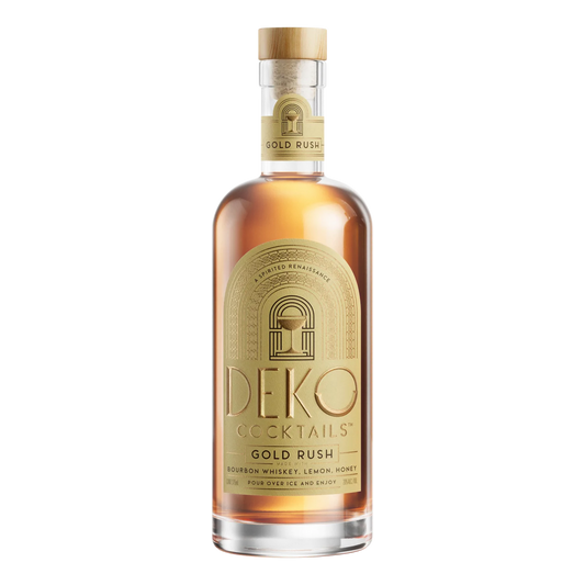 Deko Cocktails Gold Rush bottle with gold art deco label and wood cork, featuring bourbon, lemon, and honey.