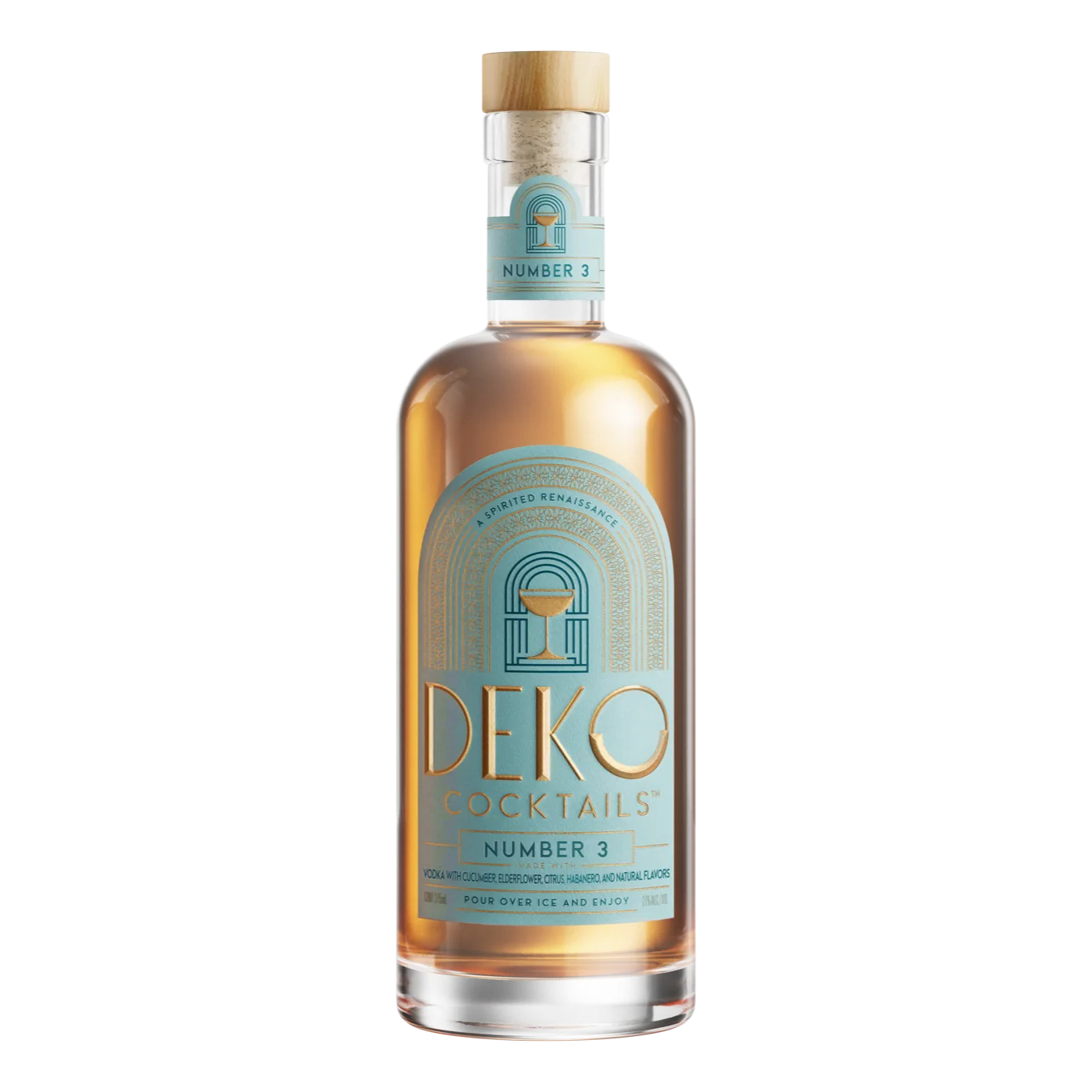 Deko Number 3 cucumber vodka cocktail in a 375ml bottle with teal label and wooden cork.