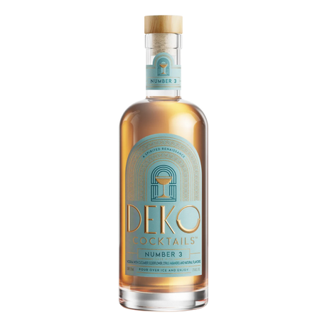 Deko Number 3 cucumber vodka cocktail in a 375ml bottle with teal label and wooden cork.