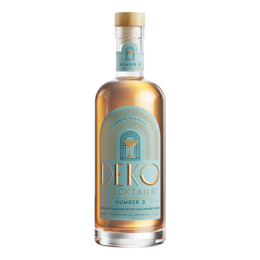 Deko Number 3 cucumber vodka cocktail in a 375ml bottle with teal label and wooden cork.